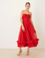 レース アンド ビーズ レディース トップス ワンピース フリル裾 フリル オーバーレイ Lace Beads corset overlay ruffle hem midaxi dress Red レッド