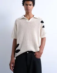 トップマン メンズ トップス ポロシャツ フラワー柄 シャツ フラワー Topman relaxed crochet camp collar polo shirt with floral embroiのサムネイル