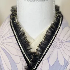 重ね襟パール　白黒　レース金刺繍　伊達襟レース　半衿フリル　成人式振袖　夏祭り着物　浴衣セット髪飾り　袴卒業式