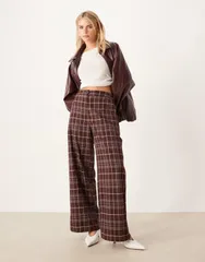 エイソス レディース ボトムス カジュアルパンツ ストレート プチ ASOS DESIGN Petite tailored relaxed straight leg pants plaid Burgundy check バーガンディ
