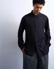 トップマン メンズ トップス シャツ リラックスフィット Topman relaxed fit viscose twill shirt Black ブラックのサムネイル