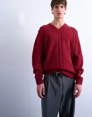 トップマン メンズ アウター ニット・セーター セーター Topman relaxed fitv neck cable sweater RED レッド