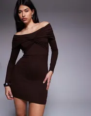 エイソス レディース トップス ワンピース ミニワンピース ミニ ASOS DESIGN off shoulder twist mini dress with long sleeves in chocolate brown ブラウン