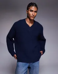 エイソス メンズ アウター ニット・セーター Vネック セーター ニット ASOS DESIGN super oversized knit vneck sweater NAVY ネイビーのサムネイル