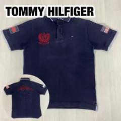 TOMMY HILFIGER トミーヒルフィガー 背番号 星条旗 フラッグ 半袖ポロシャツ S ネイビー 濃紺 ストライプ 刺繍ロゴ 着丈65cm 肩幅42cm 身幅(脇下)50cm 袖丈23cm【古着】