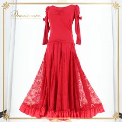 社交ダンス 衣装 create-sun クリエイトサン ツーピース スタンダード レッド系 リボン 赤 セットアップ 上下セット トップス スカート レース フリル 花柄 長袖 ロングスカート 上品 大人っぽい 派手 きれいめ 華やか エレガント