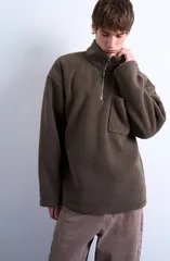 トップマン メンズ アウター パーカー・スウェット ハーフジップ シャツ フリース Topman Quarter Zip High Pile Fleece Sweatshirt Dark Brownのサムネイル