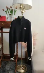 ブラック ハート ハイネック ジップアップ カーディガン ニット カーディガン