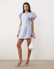 シスタージュン レディース トップス ワンピース フラワー柄 プリント ミニ フラワー Sister Jane jacquard puff sleeve mini dress in lilac floral print LILAC ライラック