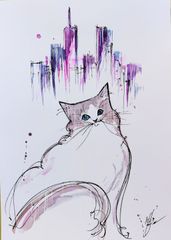 原画#453 猫 ニューヨーク 雨 水彩画 ドローイング アート インテリア