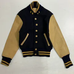 ◆ zoom ズーム スタジャン ヴィンテージ  袖レザー スタジアムジャンパー バック刺しゅう USA製 ネイビー サイズ36-small メンズ 古着