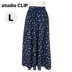 studio CLIP スタジオクリップ　花柄ロングフレアスカート　コットンギャザースカート　ウエストゴム　 ネイビー　紺　L　大きいサイズレディース