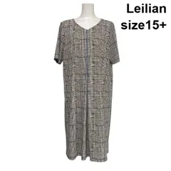 ◇ レリアン Leilian 半袖ワンピース サックワンピース ミディ丈 グレンチェック 千鳥格子 Iライン 白 黒 15+ 3L 15号 レディース S6D557