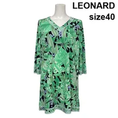 ◇ レオナール LEONARD ミニワンピース チュニック 長袖 ボタニカル・フラワープリント Vネック グリーン系 40 L 11号 レディース S6D562のサムネイル