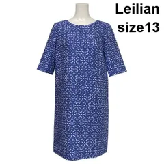 ◇ レリアン Leilian ひざ丈ワンピース サックドレス 五分袖 幾何学模様 Iライン ブルー 白 コットン混 13 XL 13号 レディース S6D575