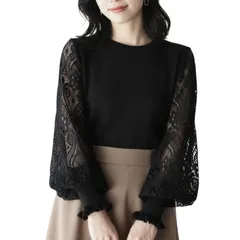 [Blisvia] レース ブラウス レディース ブラック トップス フェミニン バルーン袖 ボリュームスリーブ 長袖 花柄 袖 丸襟 プルオーバー ニット カットソー リブ 編み 薄手ニット ゆったり ふんわり 透け感  [ブラック] [Free Size]