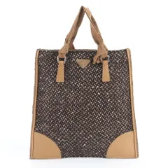 美品 プラダ トライアングルロゴ ツイード レザー トート バッグ 肩掛け ショルダー ハンド ブラウン レディース RBE DW8-4【中古】