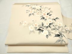 名古屋帯 木瓜の花 ボケ 塩瀬 しおぜ 塩瀬織り 正絹 シルク きぬ 