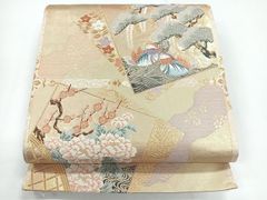 プラチナ箔 袋帯 扇面 牡丹 菊 金糸 刺繍 正絹 長さ約440㎝ - メルカリ