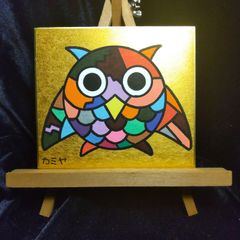 一点もの 多色 フクロウ 水彩画 ハンドメイド作品 色紙サイズ 幸福