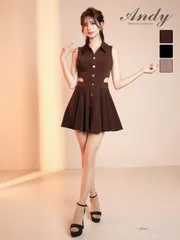 ブラウン[OF05] [ON3042-B-2512]【ANDY/アンディ】シンプル/ ノースリーブ/ 襟付き/ ウエストカット/ Aライン/ フレア/ ワンカラー/ ミニドレス/ キャバドレス