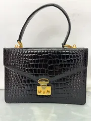 本革 クロコ型押し ハンドバッグ 黒 ゴールド金具 2WAY ショルダー