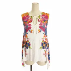 デシグアル Desigual フラワープリント Aライン ノースリーブ Tシャツ カットソー 花柄 レーヨン 白 ホワイト S