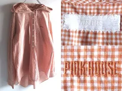 PINK HOUSE ピンクハウス ロゴ刺繍 ピコフリル ピンタック コットン ギンガムチェック フードシャツ ブラウス ライトオレンジ