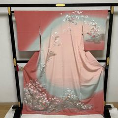 F‐376 訪問着 京友禅 叩き染め 袷 金彩 枝花 染め分け 正絹 美品