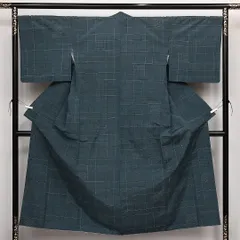 紬 袷 身丈151cm 裄丈67cm 正絹 Aランク カジュアル バチ衿 Sサイズ 格子 シック シンプル 緑系 RP 1223-14099