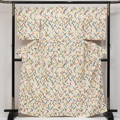 小紋 単衣 身丈161cm 裄丈65cm 正絹 Aランク インフォーマル 広衿 Lサイズ 笹 レトロ 遊び心 クリーム系 HP 1221-14346