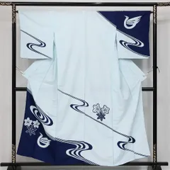 訪問着 単衣 身丈155cm 裄丈64cm ポリエステル 洗える着物 Sランク セミフォーマル 広衿 Mサイズ 鳥 流水 ポップ 鮮やか 水色系 HP 1217-14246