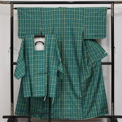 アンサンブル 紬 袷 身丈158cm 裄丈60cm 正絹 Aランク カジュアル 広衿 Mサイズ 格子 レトロ ポップ 緑系 RP 1223-14516