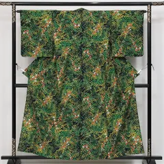 ウールの小紋 単衣 身丈156cm 裄丈63cm ウール 洗える着物 Sランク インフォーマル バチ衿 Mサイズ 植物柄 ポップ ボタニカル 緑系 RP 1221-14260