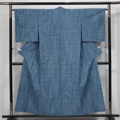 紬 単衣 身丈153cm 裄丈64cm 正絹 Aランク カジュアル 広衿 Sサイズ 格子 素朴 爽やか 水色系 RP 1223-14728