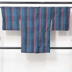 道行コート 袷 身丈87cm 裄丈65cm 正絹 Sランク セミフォーマル Mサイズ ポケットあり 格子 レトロ 遊び心 青系 RP 1237-14670