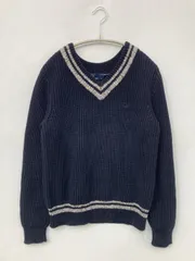 FRED PERRY フレッドペリー ニット/セーター 10 ネイビー コットン ニット ナイロン ライン柄 ワンポイント ブランドロゴ 長袖 ミドル丈 Vネック