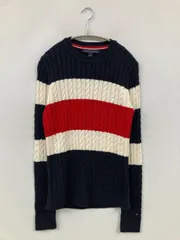 TOMMY HILFIGER トミーヒルフィガー ニット/セーター M ネイビー コットン ボーダー柄 ミドル丈 長袖 クルーネック(丸首)