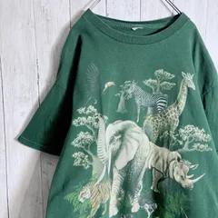 【まとめ購入大歓迎】90s USA製 古着 Vintage アニマル グリーン 動物 両面プリント 半袖Tシャツ #34