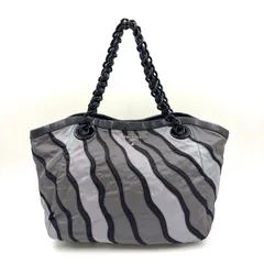 PRADA シルバーロゴ レザー×ナイロン グレー×ブラック×ライトグレー チェーンハンドバッグ シルバー
