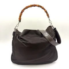 GUCCI バンブーハンドル 2WAYショルダー レザー×ナイロンキャンバス ブラウン ハンドバッグ シルバー