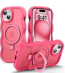 UEEBAI 대응 iPhone 15용 케이스 반투명 TPU 웨이브 디자인 스마트폰 케이스 귀여운 인기 세련된 케이스 Magsafe 대응 가로 세로 양립 얇은 경량 마그넷 탑재 파형 범퍼 스마트폰 케이스 - 핫 핑크