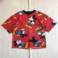 希少　Eur Disney　vintage　ユーロディズニーヴィンテージ古着　ミッキーマウス　キャラクター　総柄プリント　短丈　リンガー　半袖トリムTシャツ　マルチカラー　L/XL　一点物　Y2K　アメカジ　グランジ　mickey print ringer-T