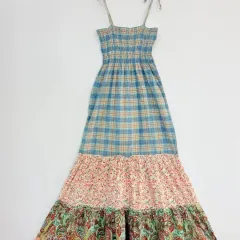 フラワー マリン CHECK ビーチ ONE PIECE / はぐみ 森ガール ロング丈ワンピース