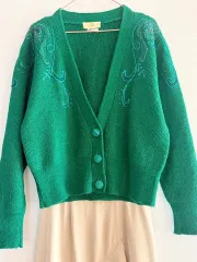 緑 刺繍 ニット カーディガン (イタリア製糸 / ヨーロッパ ヴィンテージ)