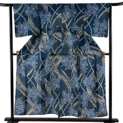 浴衣 身丈153cm 裄丈63cm S 絞り浴衣 草花 幾何学 青緑 綿 名品 【中古】