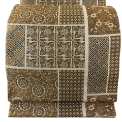 【美品】 袋帯 名品 西洋格子裂文 茶色 六通 正絹 【中古】