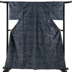 紬 身丈160cm 裄丈64cm M 袷 風景 家屋 青灰色 正絹 優品 【中古】