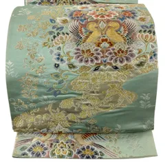 袋帯 秀品 関西仕立て 向かい鳥 草花 金銀糸 箔 灰緑 六通 正絹 【中古】