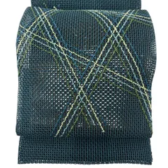 【美品】 名古屋帯 秀品 夏帯 トンネル仕立て 幾何学模様 緑 正絹 【中古】